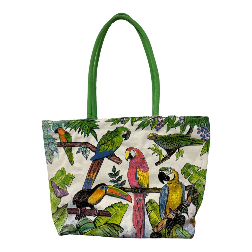 Vintage All Around Parrot Design Green & White Cloth Beach Bag Satchel Purse - Picture 2 of 5